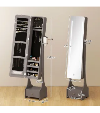 Espejo Joyero con Luces LED Armario Joyero con Espejo Entero de Ángulo Ajustable Cajón Luces Apagado Automático Gris