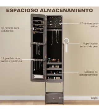 Espejo Joyero con Luces LED Armario Joyero con Espejo Entero de Ángulo Ajustable Cajón Luces Apagado Automático Gris