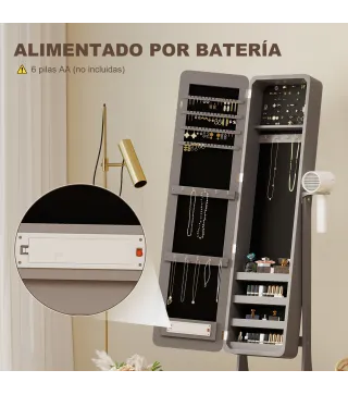 Espejo Joyero con Luces LED Armario Joyero con Espejo Entero de Ángulo Ajustable Cajón Luces Apagado Automático Gris