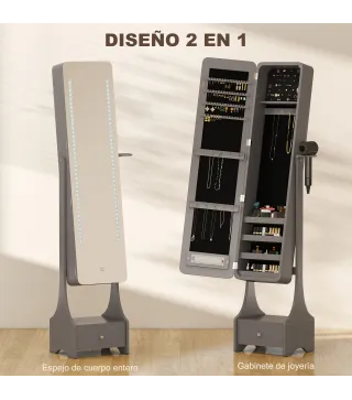 Espejo Joyero con Luces LED Armario Joyero con Espejo Entero de Ángulo Ajustable Cajón Luces Apagado Automático Gris