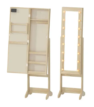 Espejo Joyero con Luces LED Armario para Joyas Armario Joyero de Pie con Espejo Entero Angulo Ajustable Madera Natural