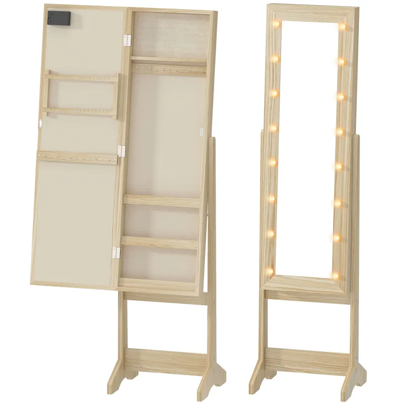 Espejo Joyero con Luces LED Armario para Joyas Armario Joyero de Pie con Espejo Entero Ángulo Ajustable Madera Natural Espejo Joyero con Luces LED Armario para Joyas Armario Joyero de Pie con Espejo Entero Ángulo Ajustable Madera Natural