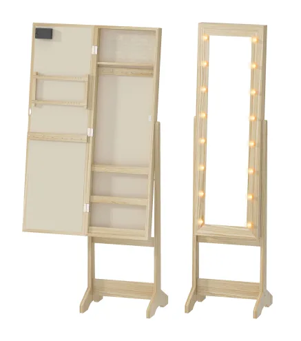 Espejo Joyero con Luces LED Armario para Joyas Armario Joyero de Pie con Espejo Entero Ángulo Ajustable Madera Natural