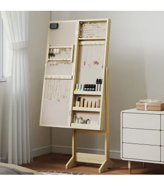 Espejo Joyero con Luces LED Armario para Joyas Armario Joyero de Pie con Espejo Entero Angulo Ajustable Madera Natural