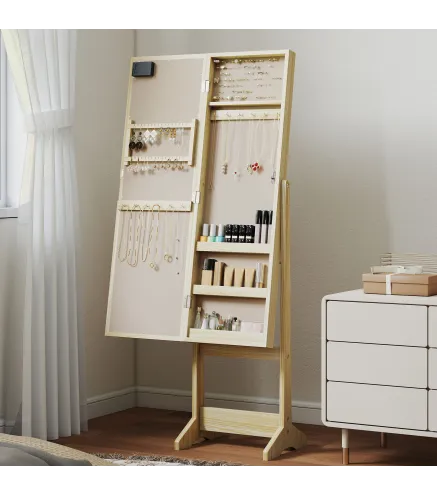 Espejo Joyero con Luces LED Armario para Joyas Armario Joyero de Pie con Espejo Entero Angulo Ajustable Madera Natural