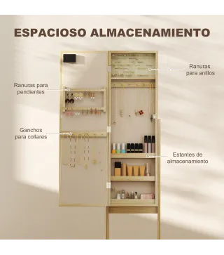 Espejo Joyero con Luces LED Armario para Joyas Armario Joyero de Pie con Espejo Entero Ángulo Ajustable Madera Natural
