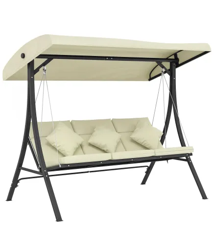 Balancín de Jardín Exterior Columpio de 3 Plazas con Toldo Ajustable y Marco de Acero 202x115x168 cm Beige