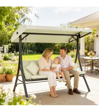 Balancín de Jardín Exterior Columpio de 3 Plazas con Toldo Ajustable y Marco de Acero 202x115x168 cm Beige