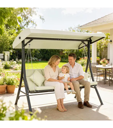 Balancín de Jardín Exterior Columpio de 3 Plazas con Toldo Ajustable y Marco de Acero 202x115x168 cm Beige