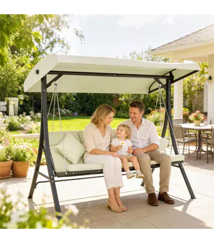 Balancín de Jardín Exterior Columpio de 3 Plazas con Toldo Ajustable y Marco de Acero 202x115x168 cm Beige