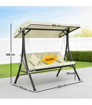 Balancín de Jardín Exterior Columpio de 3 Plazas con Toldo Ajustable y Marco de Acero 202x115x168 cm Beige