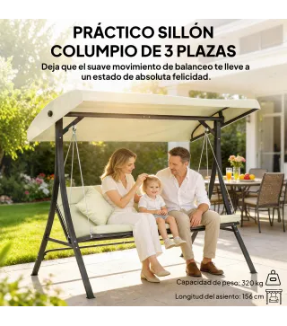 Balancín de Jardín Exterior Columpio de 3 Plazas con Toldo Ajustable y Marco de Acero 202x115x168 cm Beige