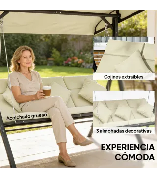 Balancín de Jardín Exterior Columpio de 3 Plazas con Toldo Ajustable y Marco de Acero 202x115x168 cm Beige