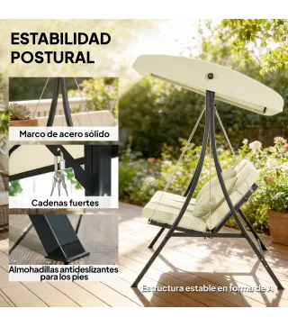 Balancín de Jardín Exterior Columpio de 3 Plazas con Toldo Ajustable y Marco de Acero 202x115x168 cm Beige