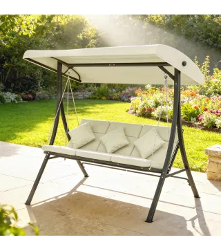 Balancín de Jardín Exterior Columpio de 3 Plazas con Toldo Ajustable y Marco de Acero 202x115x168 cm Beige