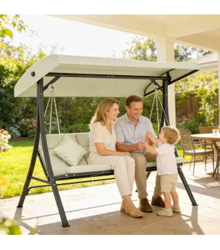 Balancín de Jardín Exterior Columpio de 3 Plazas con Toldo Ajustable y Marco de Acero 202x115x168 cm Beige