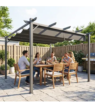 Pérgola de Jardín 3x3 m con Techo Retráctil Protección UPF30+ Drenaje Marco de Aluminio para Patio Exterior Gris Oscuro