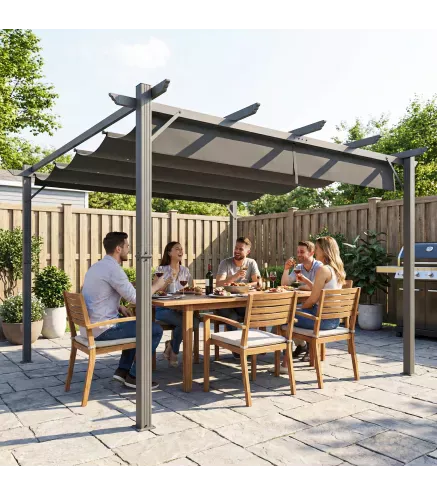 Pérgola de Jardín 3x3 m con Techo Retráctil Protección UPF30+ Drenaje Marco de Aluminio para Patio Exterior Gris Oscuro