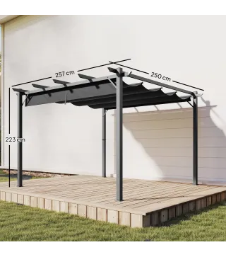 Pérgola de Jardín 3x3 m con Techo Retráctil Protección UPF30+ Drenaje Marco de Aluminio para Patio Exterior Gris Oscuro