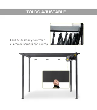 Pérgola de Jardín 3x3 m con Techo Retráctil Protección UPF30+ Drenaje Marco de Aluminio para Patio Exterior Gris Oscuro