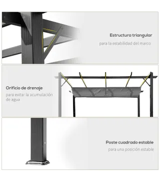 Pérgola de Jardín 3x3 m con Techo Retráctil Protección UPF30+ Drenaje Marco de Aluminio para Patio Exterior Gris Oscuro