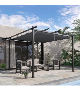 Pérgola de Jardín 3x3 m con Techo Retráctil Protección UPF30+ Drenaje Marco de Aluminio para Patio Exterior Gris Oscuro