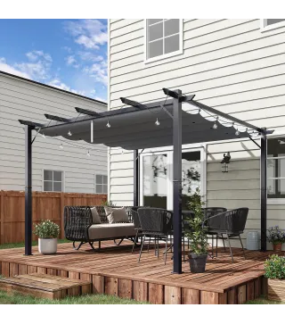 Pérgola de Jardín 3x3 m con Techo Retráctil Protección UPF30+ Drenaje Marco de Aluminio para Patio Exterior Gris Oscuro