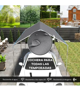 Carpa Garaje para Coche 3x6 m Cochera Portátil Impermeable con Toldo de Tela PE y Marco de Acero Galvanizado Gris