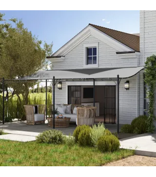 Pérgola de Pared 3x6 m con Techo Inclinado Orificios de Drenaje y Estructura Metálica Gris Oscuro