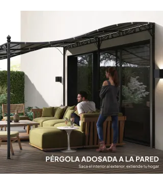 Pérgola de Pared 3x6 m con Techo Inclinado Orificios de Drenaje y Estructura Metálica Gris Oscuro