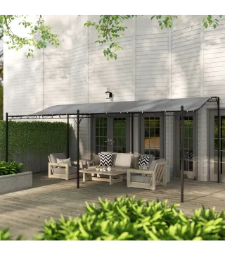 Pérgola de Pared 3x6 m con Techo Inclinado Orificios de Drenaje y Estructura Metálica Gris Oscuro
