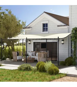 Pérgola de Pared 3x6 m con Techo Inclinado Orificios de Drenaje y Estructura Metálica Blanco Crema