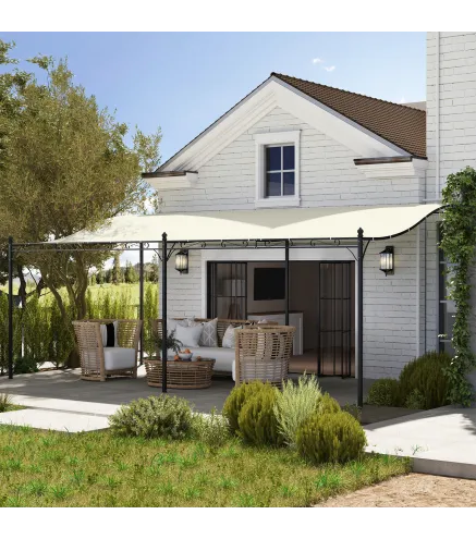 Pérgola de Pared 3x6 m con Techo Inclinado Orificios de Drenaje y Estructura Metálica Blanco Crema
