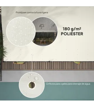 Pérgola de Pared 3x6 m con Techo Inclinado Orificios de Drenaje y Estructura Metálica Blanco Crema