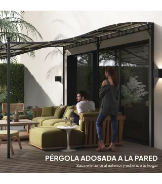 Pérgola de Pared 3x6 m con Techo Inclinado Orificios de Drenaje y Estructura Metálica Blanco Crema