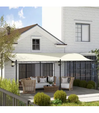 Pérgola de Pared 3x6 m con Techo Inclinado Orificios de Drenaje y Estructura Metálica Blanco Crema