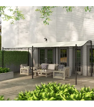 Pérgola de Pared 3x6 m con Techo Inclinado Orificios de Drenaje y Estructura Metálica Blanco Crema