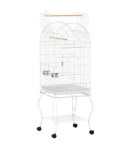 Jaula para Pájaros con Ruedas y Estante 51x51x153 cm con Parte Superior Abatible Comederos y Bandeja Extraíble Blanco