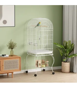 Jaula para Pájaros con Ruedas y Estante 51x51x153 cm con Parte Superior Abatible Comederos y Bandeja Extraíble Blanco