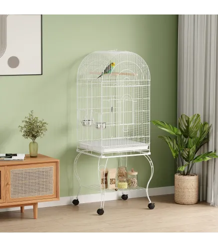 Jaula para Pájaros con Ruedas y Estante 51x51x153 cm con Parte Superior Abatible Comederos y Bandeja Extraíble Blanco