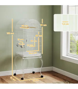 Jaula para Pájaros con Ruedas y Estante 51x51x153 cm con Parte Superior Abatible Comederos y Bandeja Extraíble Blanco