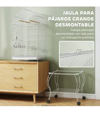 Jaula para Pájaros con Ruedas y Estante 51x51x153 cm con Parte Superior Abatible Comederos y Bandeja Extraíble Blanco