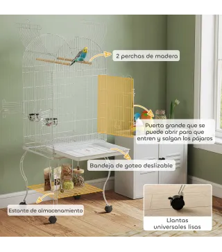 Jaula para Pájaros con Ruedas y Estante 51x51x153 cm con Parte Superior Abatible Comederos y Bandeja Extraíble Blanco