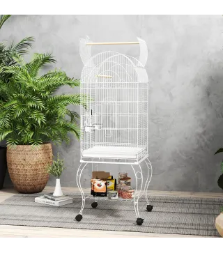 Jaula para Pájaros con Ruedas y Estante 51x51x153 cm con Parte Superior Abatible Comederos y Bandeja Extraíble Blanco
