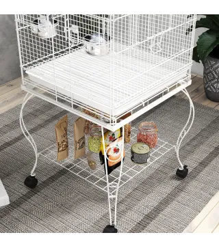 Jaula para Pájaros con Ruedas y Estante 51x51x153 cm con Parte Superior Abatible Comederos y Bandeja Extraíble Blanco