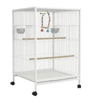 Jaula para Pájaros con Ruedas con Comederos Perchas Columpio y Bandeja Extraíble 48x46x78 cm Blanco
