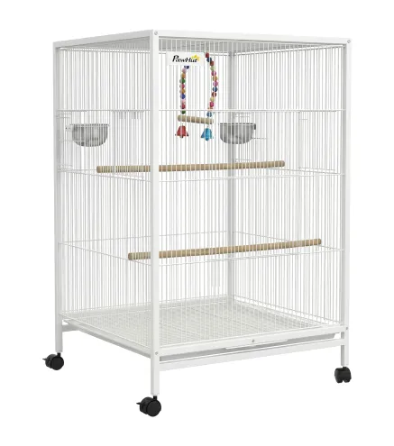 Jaula para Pájaros con Ruedas con Comederos Perchas Columpio y Bandeja Extraíble 48x46x78 cm Blanco