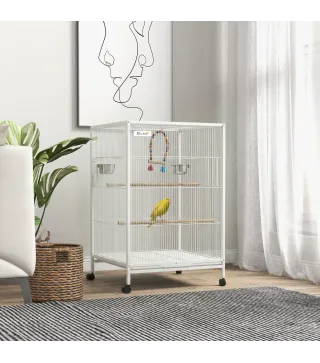 Jaula para Pájaros con Ruedas con Comederos Perchas Columpio y Bandeja Extraíble 48x46x78 cm Blanco