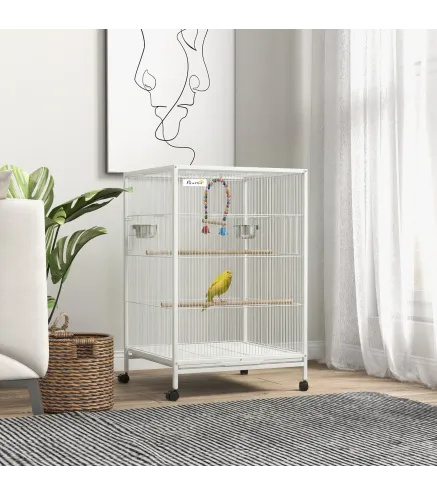 Jaula para Pájaros con Ruedas con Comederos Perchas Columpio y Bandeja Extraíble 48x46x78 cm Blanco