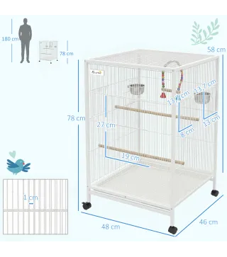 Jaula para Pájaros con Ruedas con Comederos Perchas Columpio y Bandeja Extraíble 48x46x78 cm Blanco